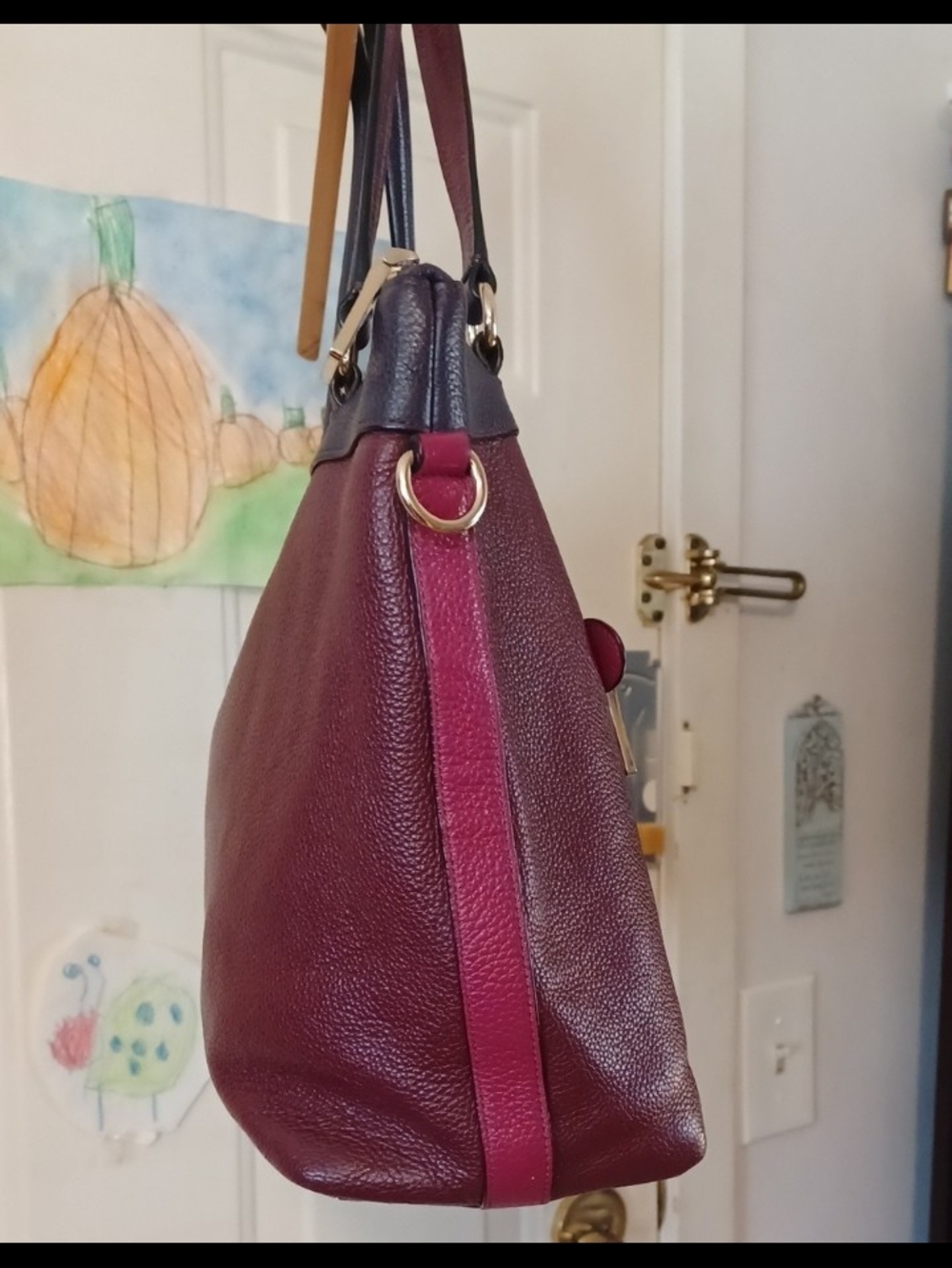 Coach Burgundy Leather Tote Navy Trim and Pink Accent Hangtags Shoulder Purse - Picture 5 of 16